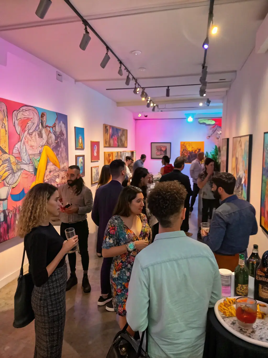 A photograph capturing the opening night of the Annual Art Exhibition, showcasing a diverse collection of paintings and sculptures with attendees admiring the artwork.
