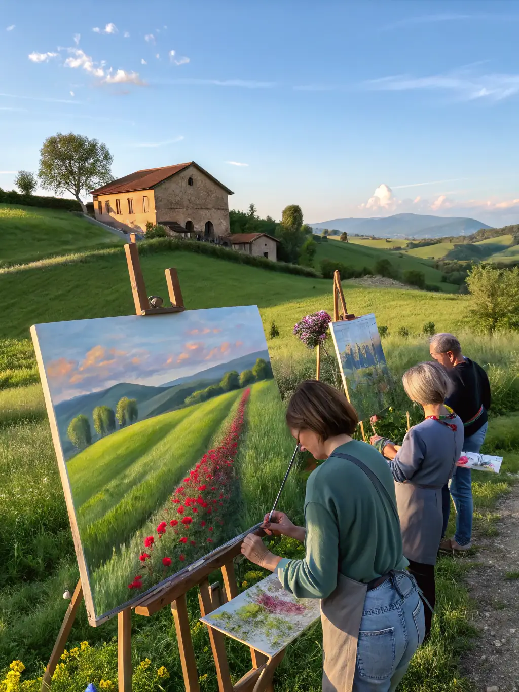 A photo of a group of artists on a field trip, sketching landscapes en plein air, with easels and art supplies visible.