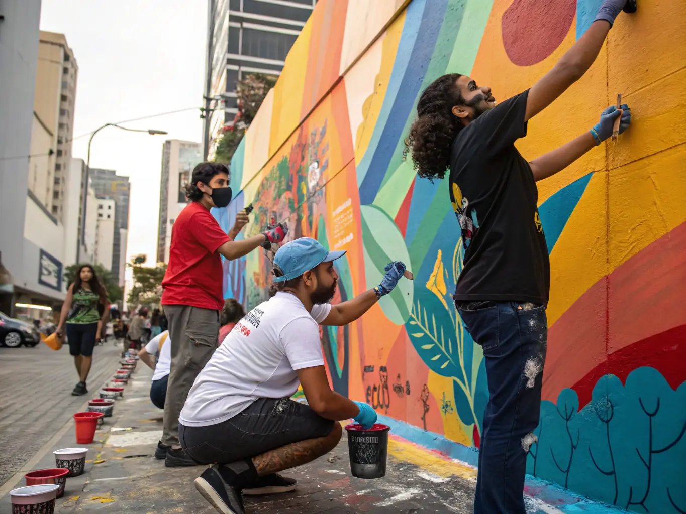 A photograph showcasing an artistic exchange event, featuring artists from different regions collaborating on a mural. The image highlights the cultural exchange and creative synergy fostered by the program.