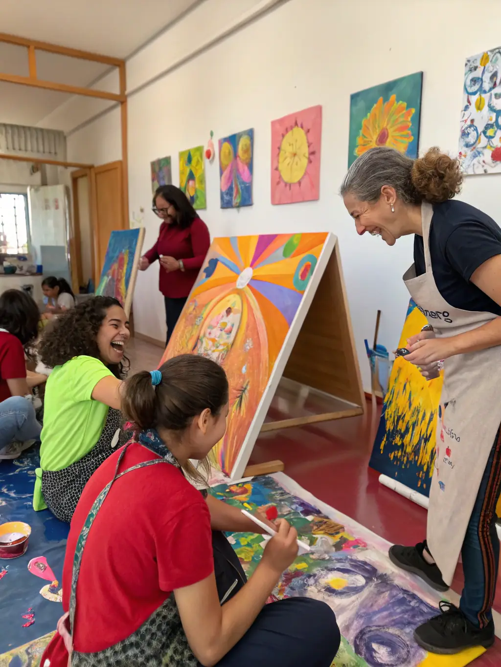 A dynamic image of an art workshop in progress, featuring artists of various ages and backgrounds collaborating on a painting, with brushes and palettes visible.